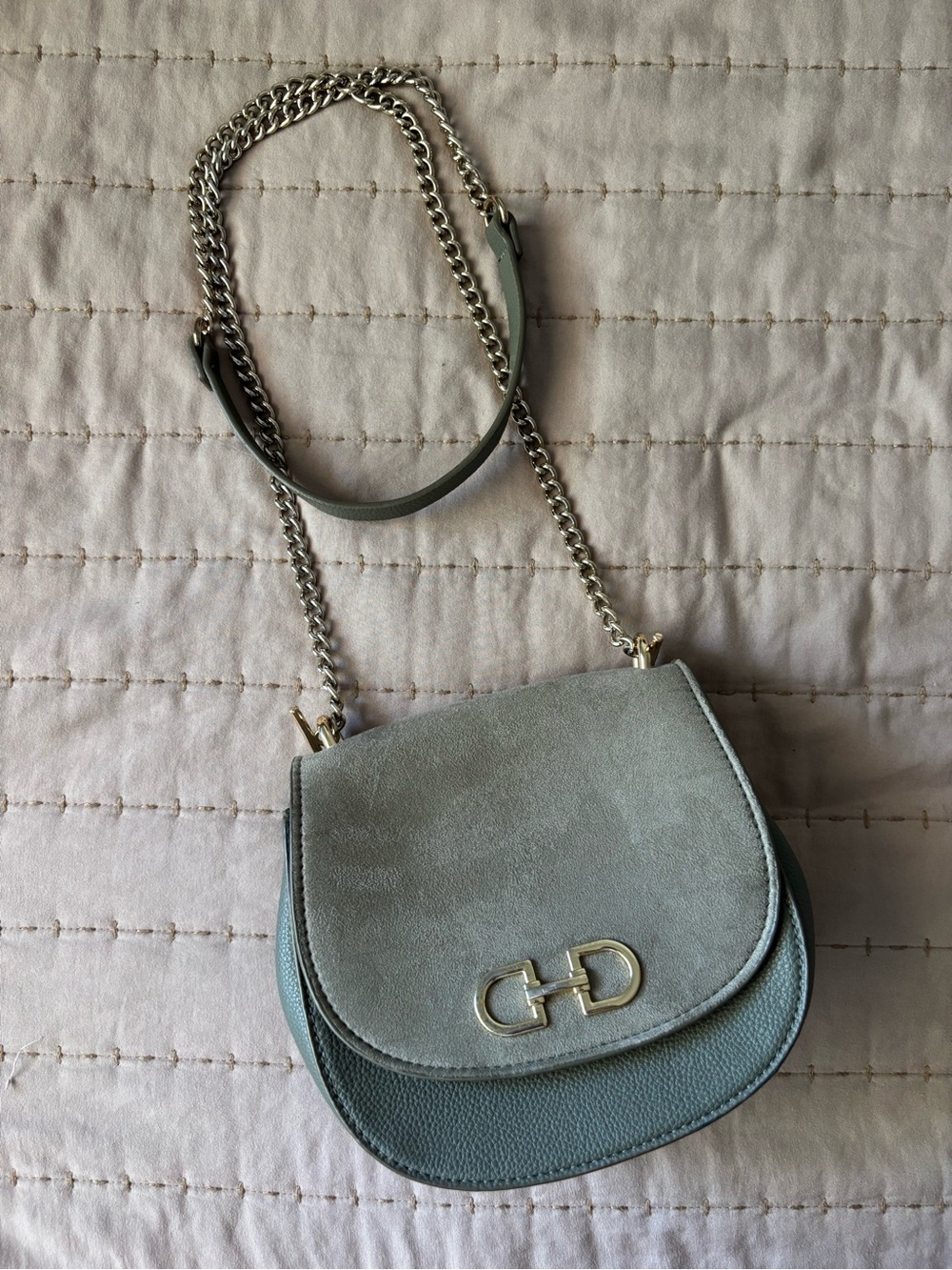 Green Suede and Pebbled Leather Crossbody Bag with Chain Strap